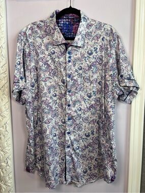 Au Noir Paisley Short Sleeve Button Down Shirt with Blue & Purple Accents 1X